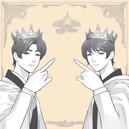 An illustration in Manhwa style showing two different hands pointing towards an empty crown