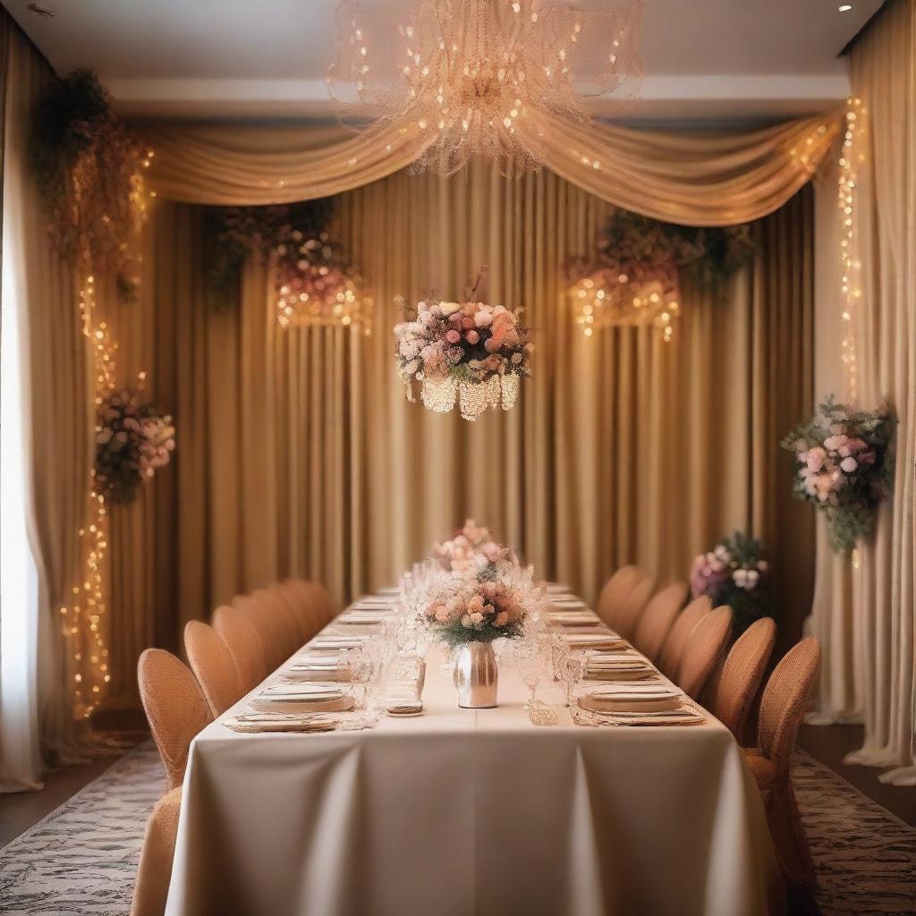 A beautifully decorated dinner room wall for an event, featuring elegant decorations such as fairy lights, drapes, and ornate wall hangings