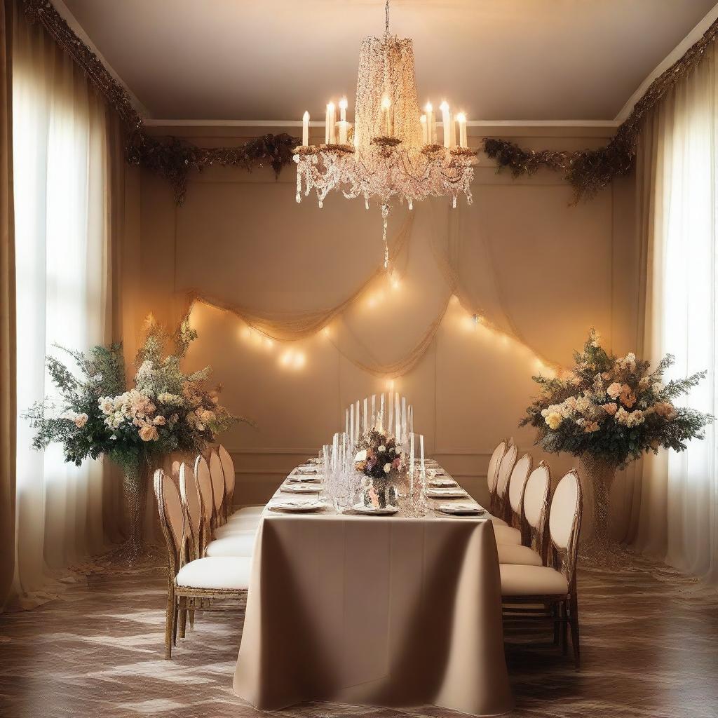 A beautifully decorated dinner room wall for an event, featuring elegant decorations such as fairy lights, drapes, and ornate wall hangings