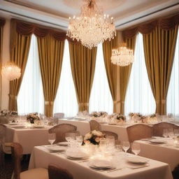 A beautifully decorated dinner room wall for an event, featuring elegant decorations such as fairy lights, drapes, and ornate wall hangings