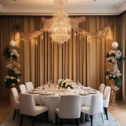 A beautifully decorated dinner room wall for an event, featuring elegant decorations such as fairy lights, drapes, and ornate wall hangings