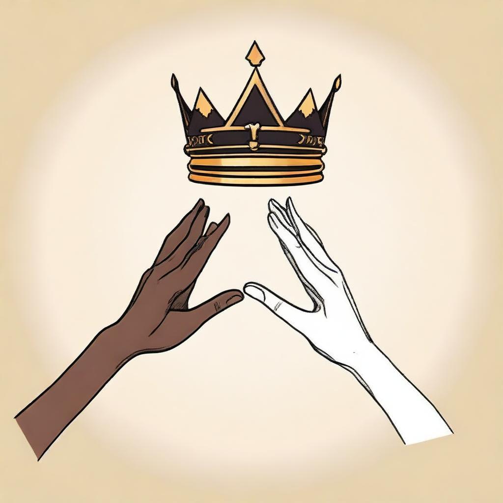 An animated-style illustration showing two different hands pointing towards an empty crown below them