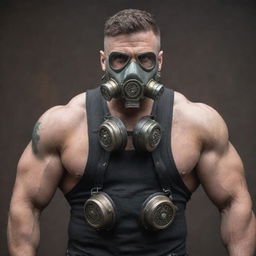 A burly, muscular man styled in gaspunk fashion incorporating elements of gas masks, industrial gears, and a dystopian theme.