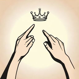 An animated-style illustration showing two different hands pointing towards an empty crown below them