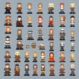 Create an image featuring a variety of characters in an 8-bit pixel art style