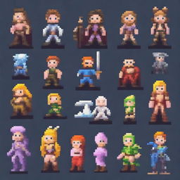 Create an image featuring a variety of characters in an 8-bit pixel art style