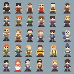 Create an image featuring a variety of characters in an 8-bit pixel art style