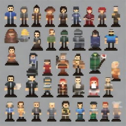 Create an image featuring a variety of characters in an 8-bit pixel art style