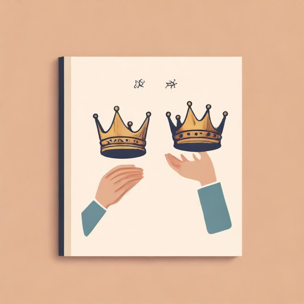 An animated-style book cover illustration showing two different hands reaching down to take a crown that is positioned below them