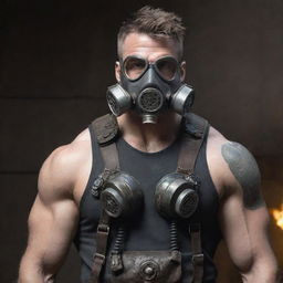 A burly, muscular man styled in gaspunk fashion incorporating elements of gas masks, industrial gears, and a dystopian theme.