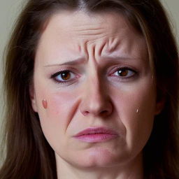 A close-up portrait of a woman showing deep sadness, tears streaming down her face in emotion, her expression full of sorrow.