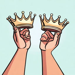 An animated-style illustration showing two different hands trying to take a crown that is below them