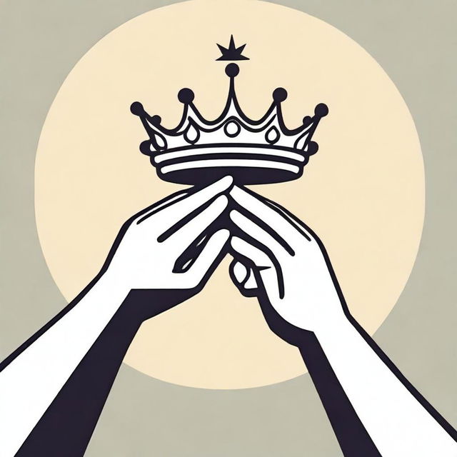 An animated-style illustration showing two different hands trying to take a crown that is below them