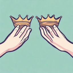 An animated-style illustration showing two different hands trying to take a crown that is below them