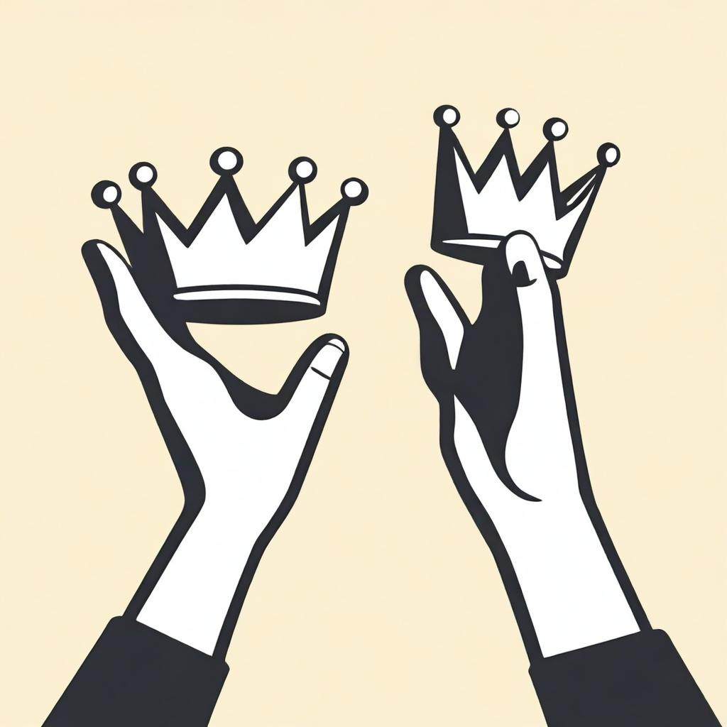 An animated-style illustration showing two different hands trying to take a crown that is positioned above them