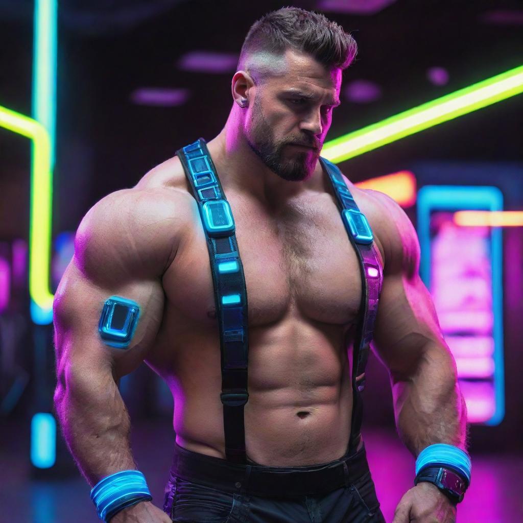 A burly, muscular man embraced in an electropunk style, featuring vibrant neon colors, high-tech gadgets, and a futuristic, digital aesthetic.