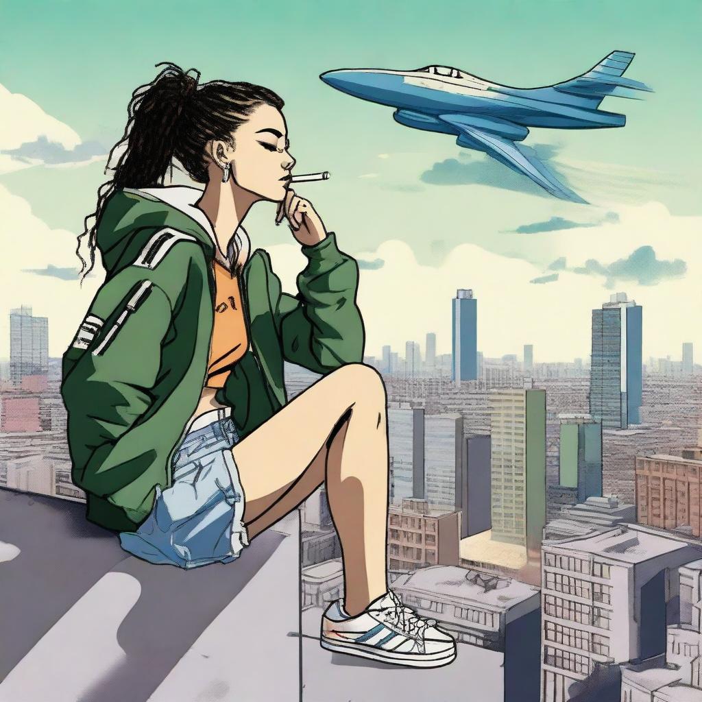 A young lady wearing only an Adidas jacket is sitting on top of a building, smoking weed