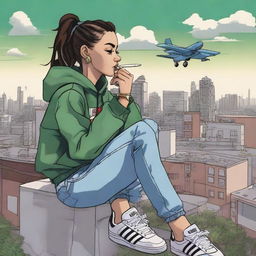 A young lady wearing only an Adidas jacket is sitting on top of a building, smoking weed