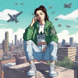 A young lady wearing only an Adidas jacket is sitting on top of a building, smoking weed