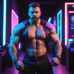 A burly, muscular man embraced in an electropunk style, featuring vibrant neon colors, high-tech gadgets, and a futuristic, digital aesthetic.