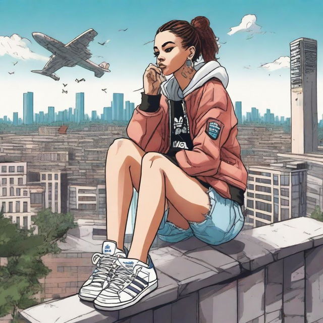 A young lady wearing only an Adidas jacket is sitting on top of a building, smoking weed