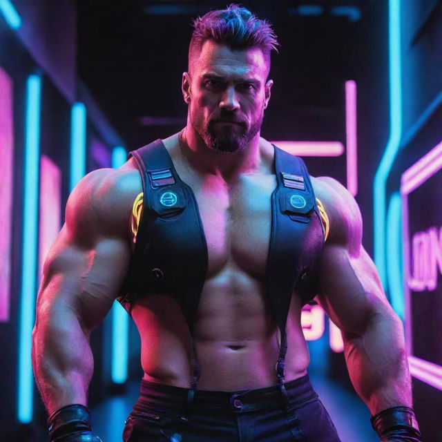 A burly, muscular man embraced in an electropunk style, featuring vibrant neon colors, high-tech gadgets, and a futuristic, digital aesthetic.