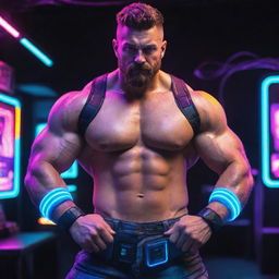 A burly, muscular man embraced in an electropunk style, featuring vibrant neon colors, high-tech gadgets, and a futuristic, digital aesthetic.