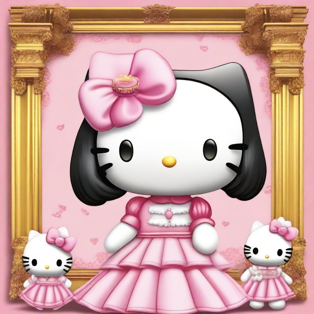 Create an image of Hello Kitty depicted in a classical art style, but with features and appearance resembling Sana from the K-pop group TWICE