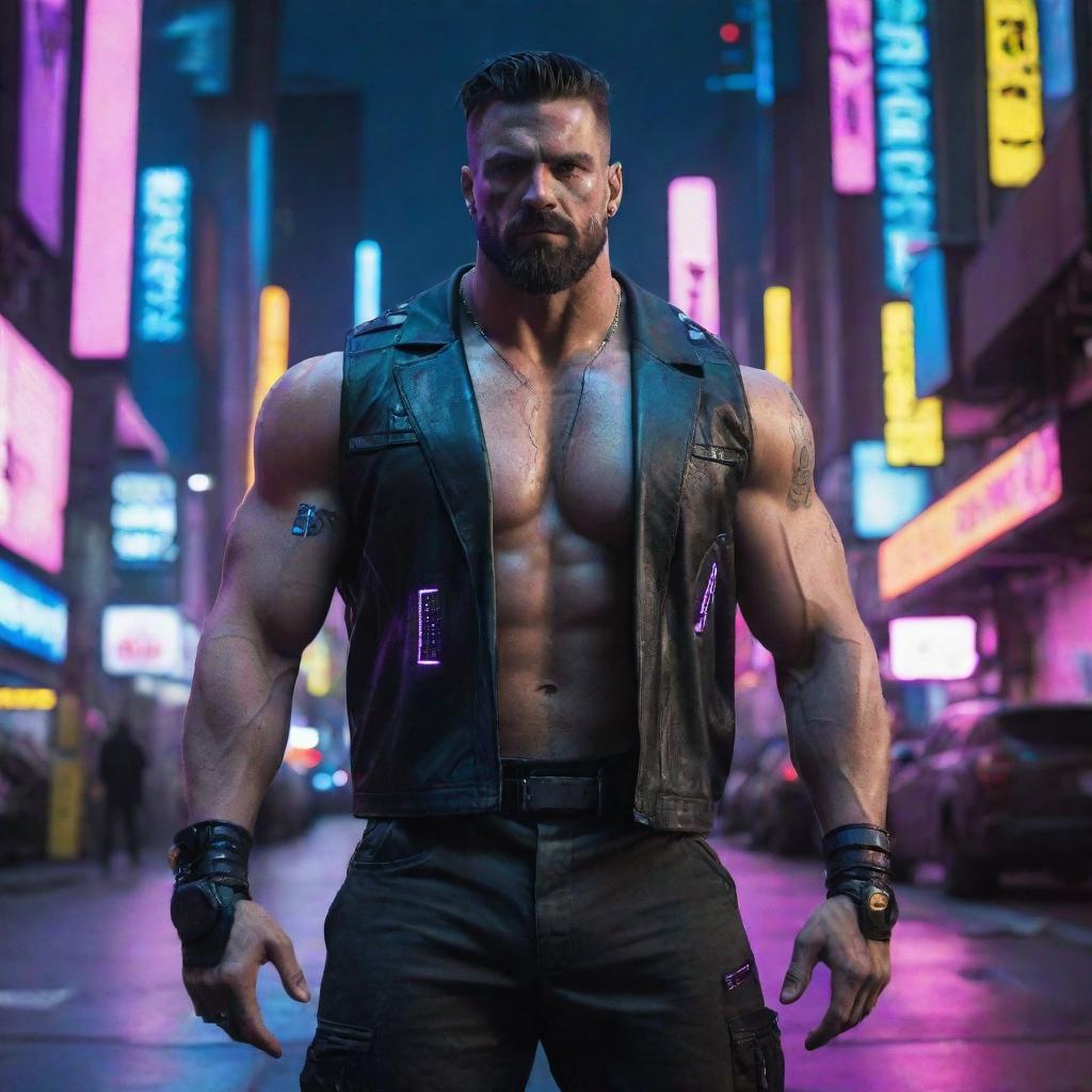 A burly, muscular man outfitted in a cyberpunk aesthetic, enhanced with cybernetic enhancements, neon lights, and a dystopian city backdrop.