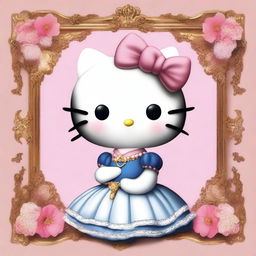 Create an image of Hello Kitty depicted in a classical art style, but with features and appearance resembling Sana from the K-pop group TWICE