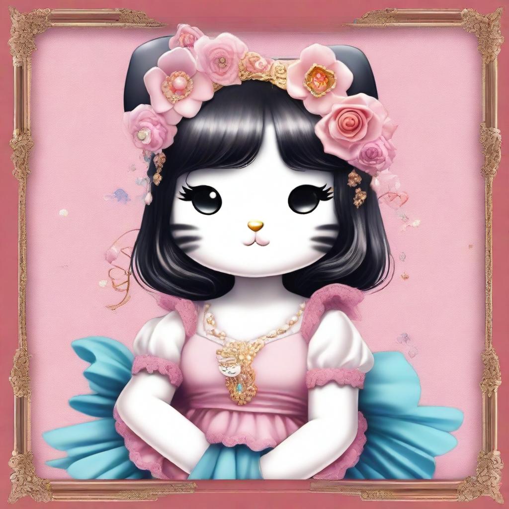 Create an image of Hello Kitty depicted in a classical art style, but with features and appearance resembling Sana from the K-pop group TWICE