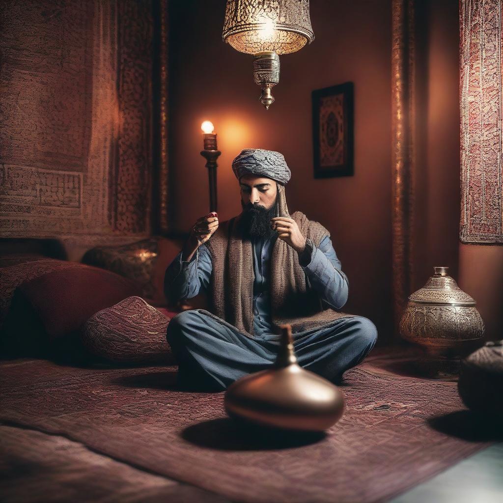 A person sitting comfortably while smoking a hookah