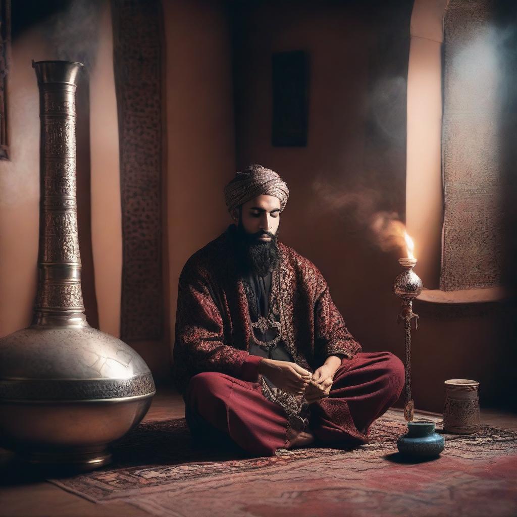 A person sitting comfortably while smoking a hookah