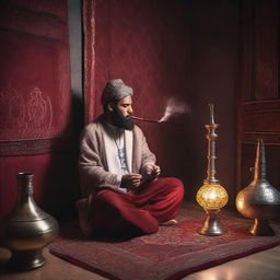 A person sitting comfortably while smoking a hookah