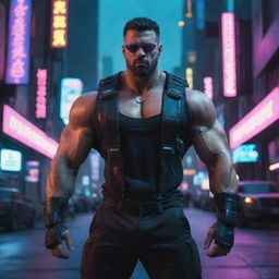 A burly, muscular man outfitted in a cyberpunk aesthetic, enhanced with cybernetic enhancements, neon lights, and a dystopian city backdrop.