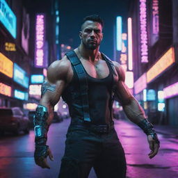 A burly, muscular man outfitted in a cyberpunk aesthetic, enhanced with cybernetic enhancements, neon lights, and a dystopian city backdrop.