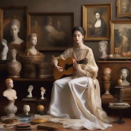 A beautiful and elegant woman surrounded by various forms of art, including paintings, sculptures, and musical instruments