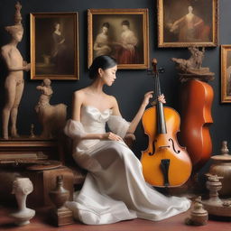 A beautiful and elegant woman surrounded by various forms of art, including paintings, sculptures, and musical instruments