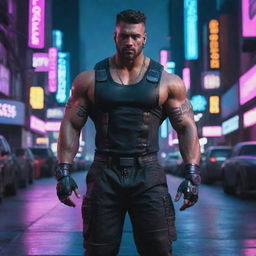 A burly, muscular man outfitted in a cyberpunk aesthetic, enhanced with cybernetic enhancements, neon lights, and a dystopian city backdrop.