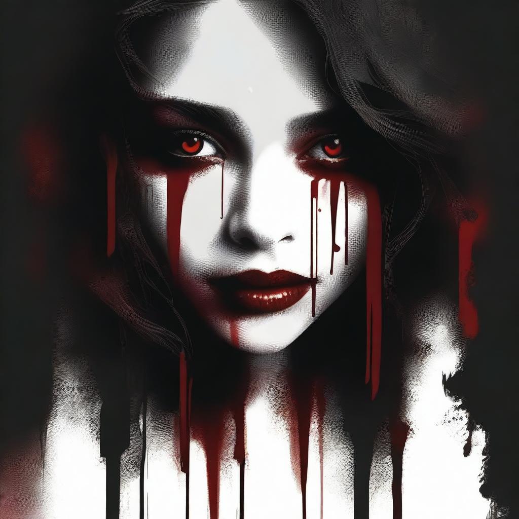 Create an image with a dark, moody gradient background transitioning from deep crimson at the top to black at the bottom, symbolizing blood and darkness