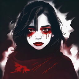 Create an image with a dark, moody gradient background transitioning from deep crimson at the top to black at the bottom, symbolizing blood and darkness