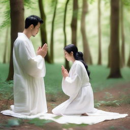 A young European couple with black hair, dressed in white spiritual robes, kneeling and praying together in a lush green forest