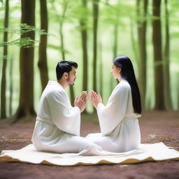 A young European couple with black hair, dressed in white spiritual robes, kneeling and praying together in a lush green forest