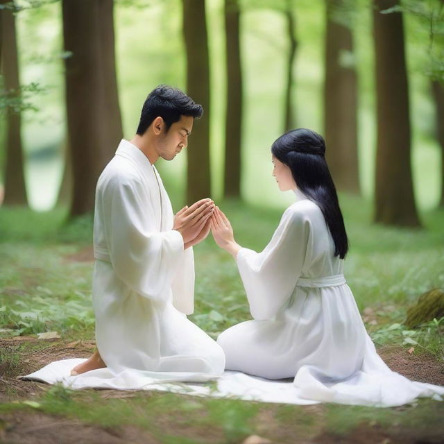 A young European couple with black hair, dressed in white spiritual robes, kneeling and praying together in a lush green forest