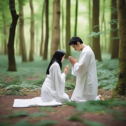 A young European couple with black hair, dressed in white spiritual robes, kneeling and praying together in a lush green forest