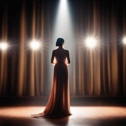 A talented actress performing on a grand theater stage, illuminated by bright spotlights