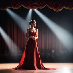 A talented actress performing on a grand theater stage, illuminated by bright spotlights