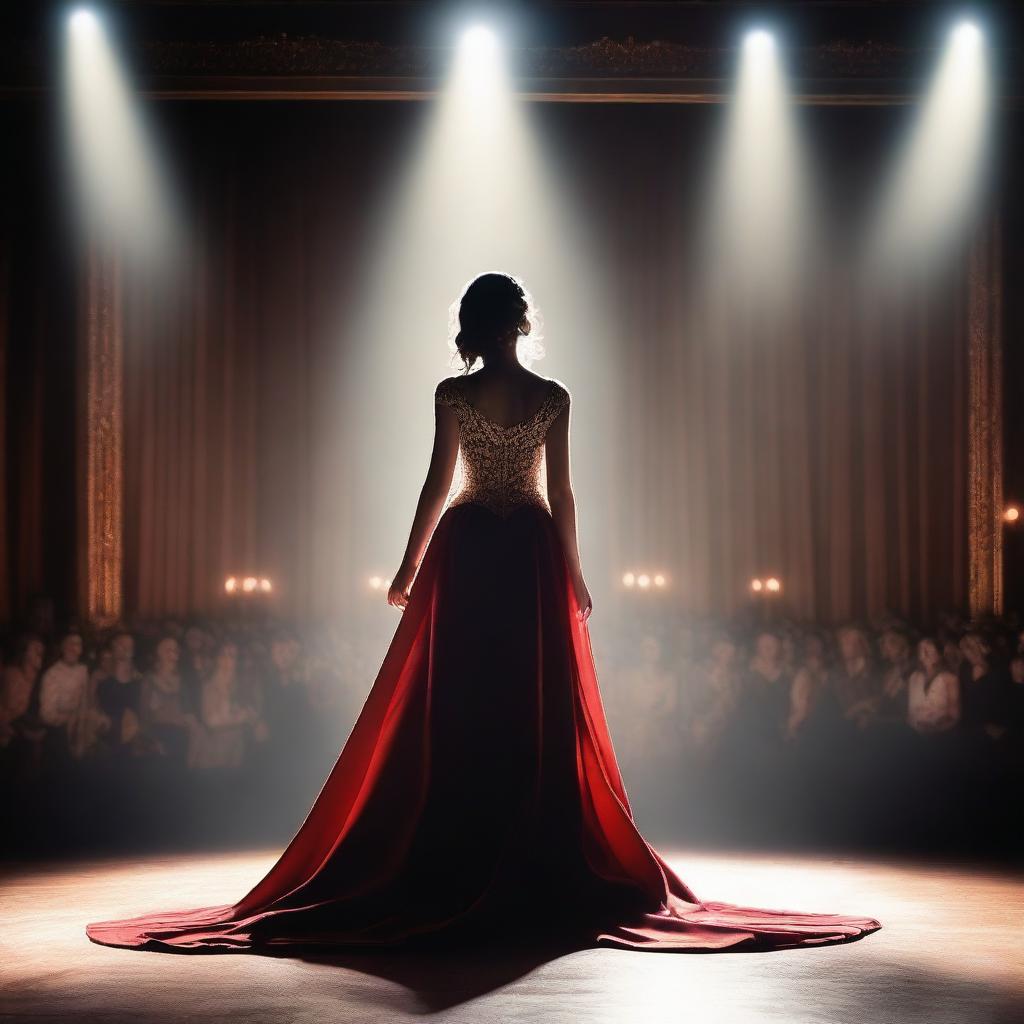 A talented actress performing on a grand theater stage, illuminated by bright spotlights