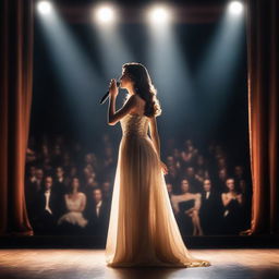 A talented actress performing on a grand theater stage, illuminated by bright spotlights