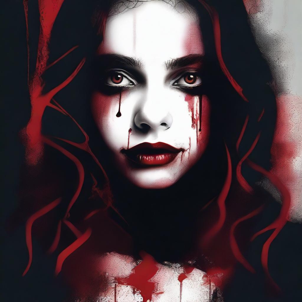 Create an image with a dark, moody gradient background transitioning from deep crimson at the top to black at the bottom, symbolizing blood and darkness